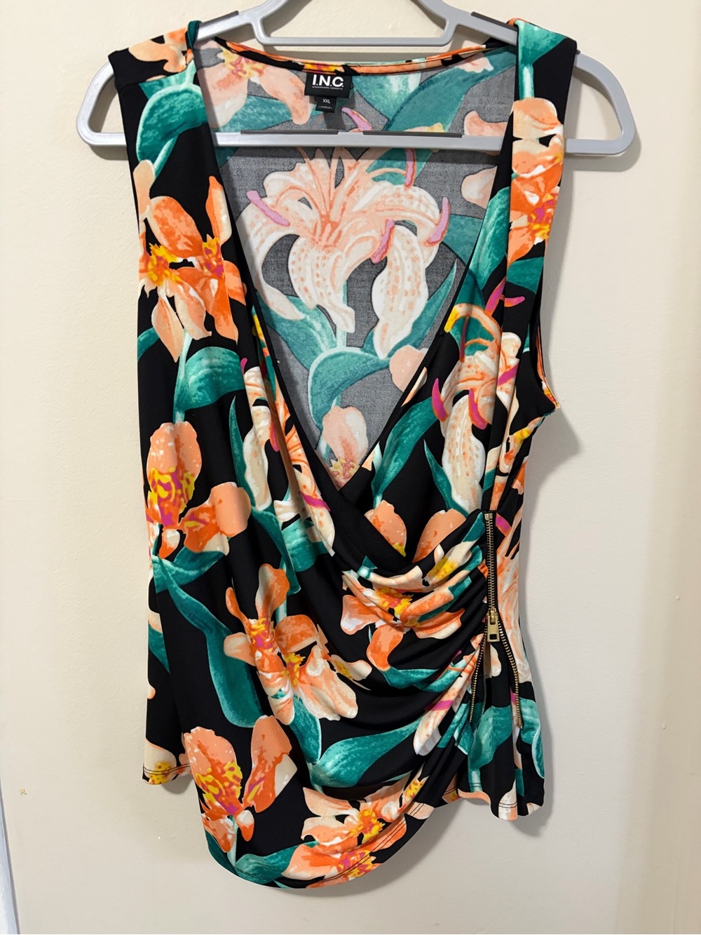 INC International Concepts Black Floral Surplice Sleeveless Top